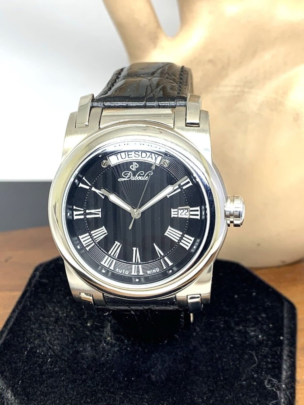 Duboule Men's Watch 2490-4 Automatic Black Dial Day Date Leather Strap 39mm